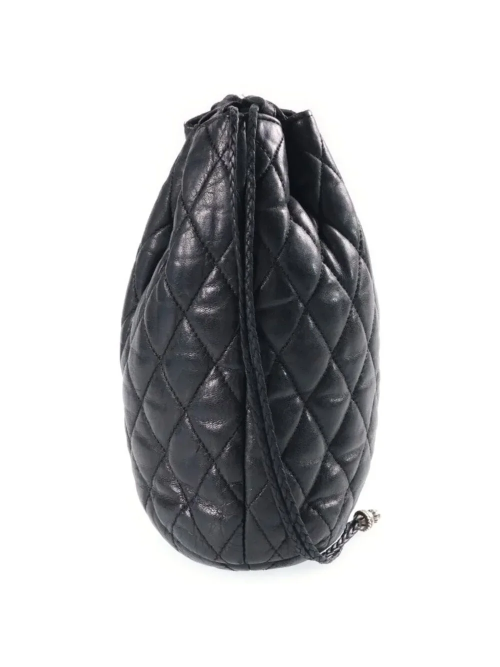 Chrome Hearts Drw Strng Quilted Drawstring Leather Bag Black